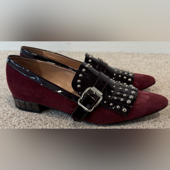 Napoleoni Shoes - Napoleoni Italian Maroon Leather Studded Fringe Kiltie Buckle Loafer Flat 8/8.5